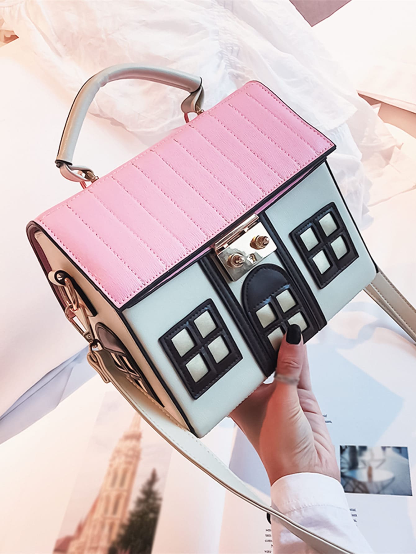 Симпатичная розово-белая дизайнерская сумочка/сумка на плечо в форме домика, белый