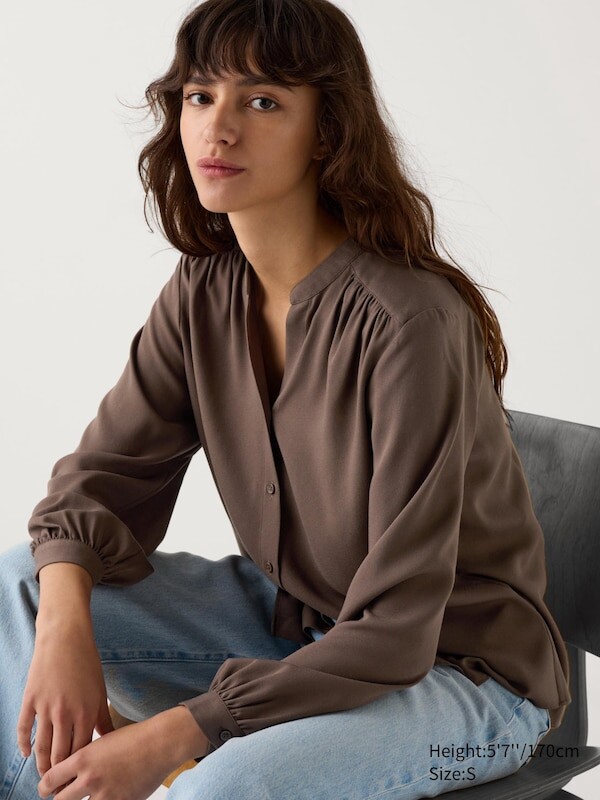 

Блузка со сборкой из вискозы Uniqlo, коричневый