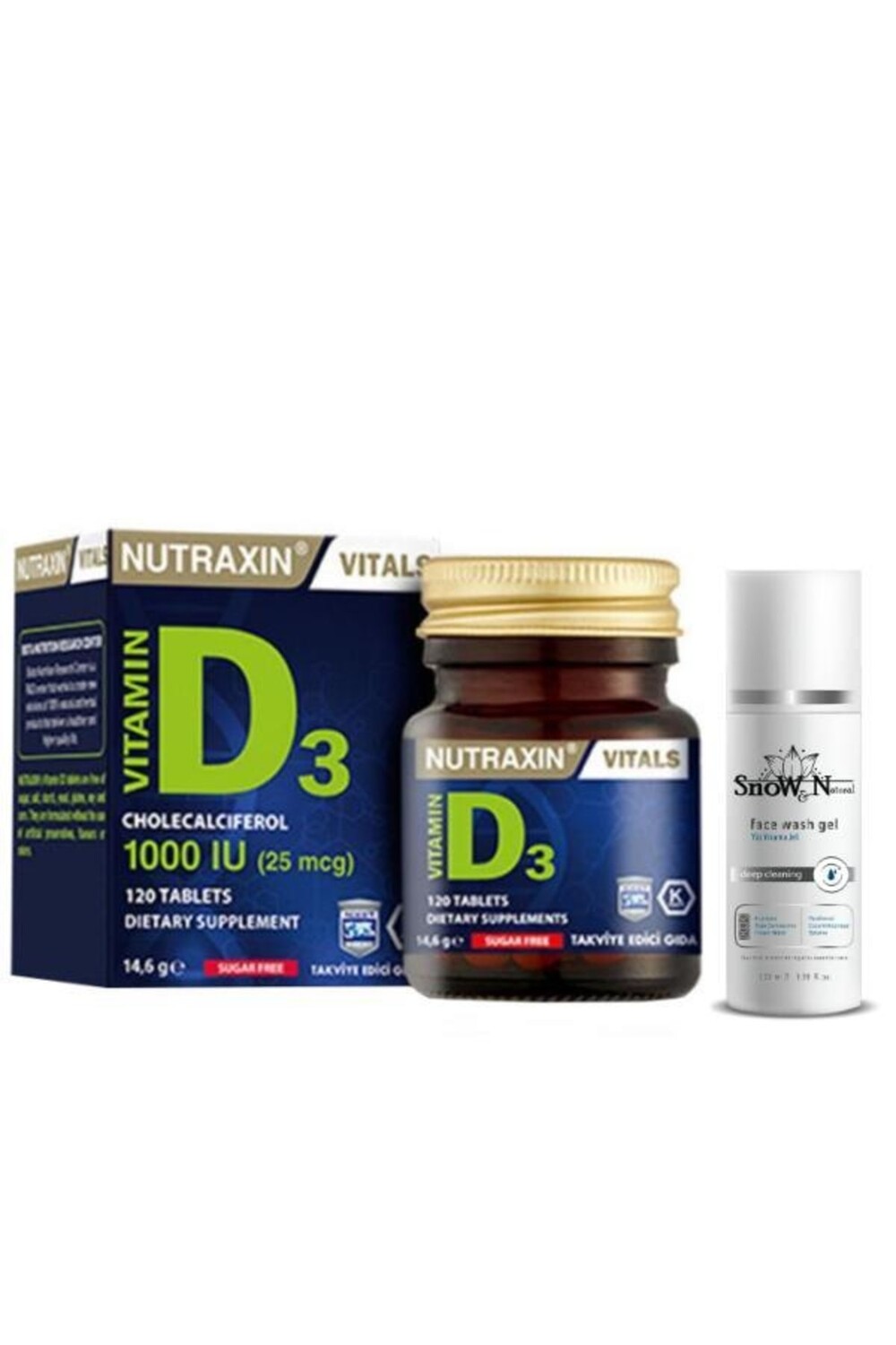 

Nutraxin Витамин D3, 120 таблеток, добавка витамина D + очищающий гель для лица, 100 мл, подарок