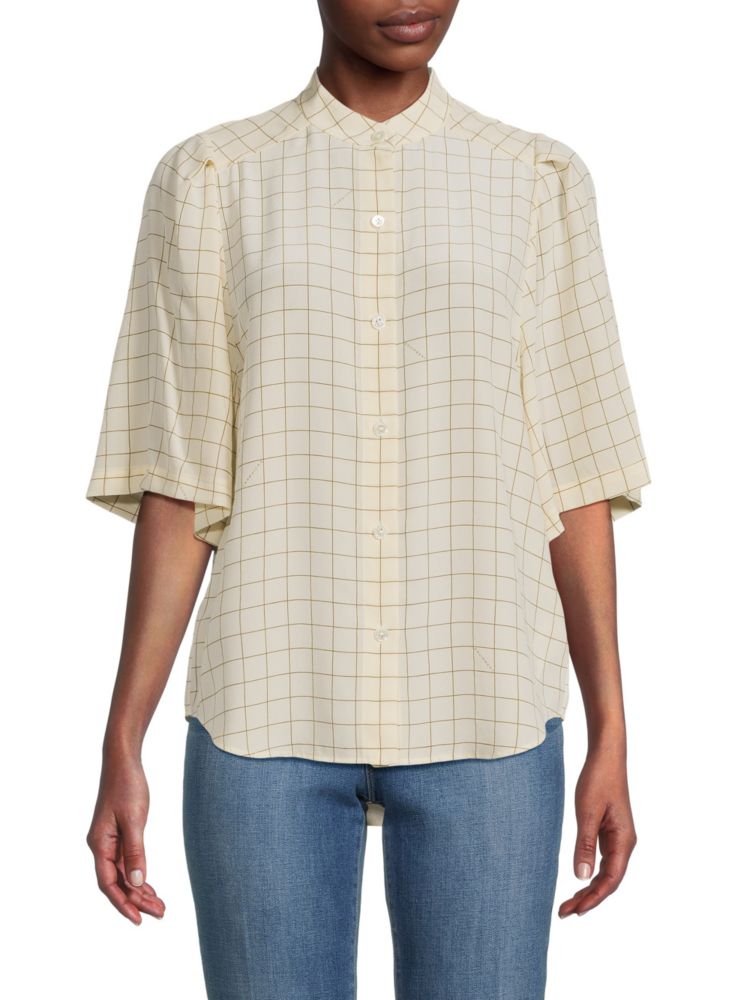цена Шелковая блузка в клетку с короткими рукавами Equipment, цвет Creme Brulee
