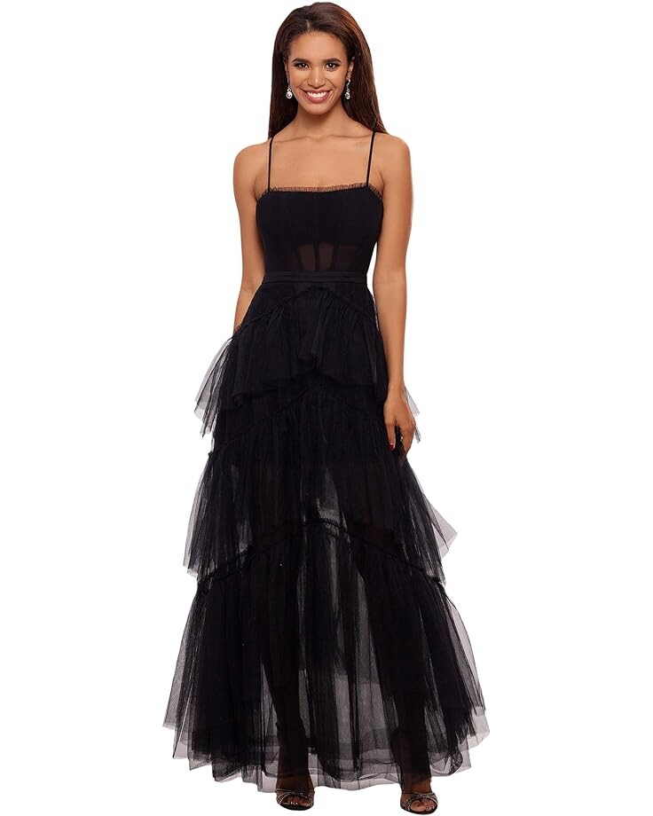 

Платье Betsy & Adam Long Corset Tiered Mesh Illusion Gown, черный