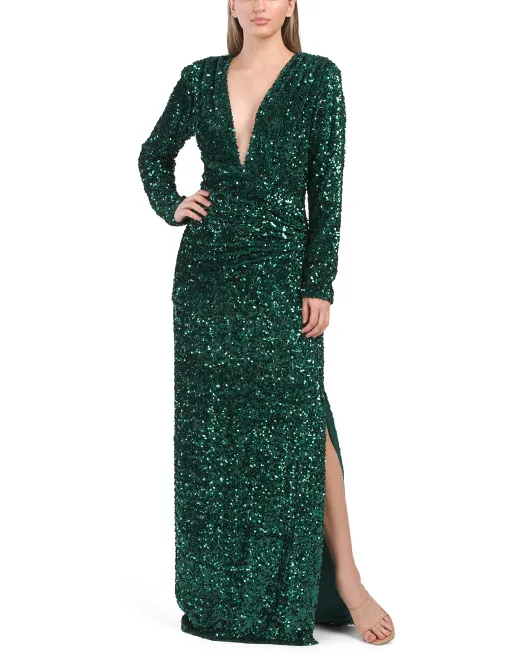 

Бархатное платье с глубоким вырезом и пайетками Loxy Tadashi Shoji, цвет Jungle Green