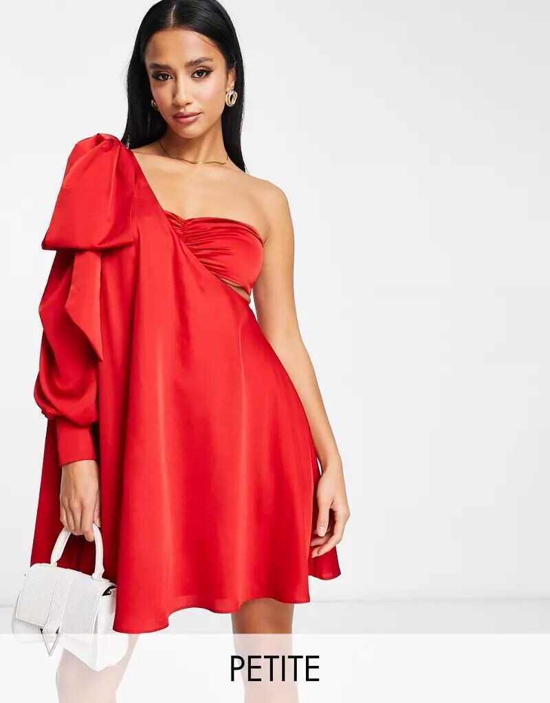 

Красное платье мини на одно плечо с драпированным бантом Forever New Petite