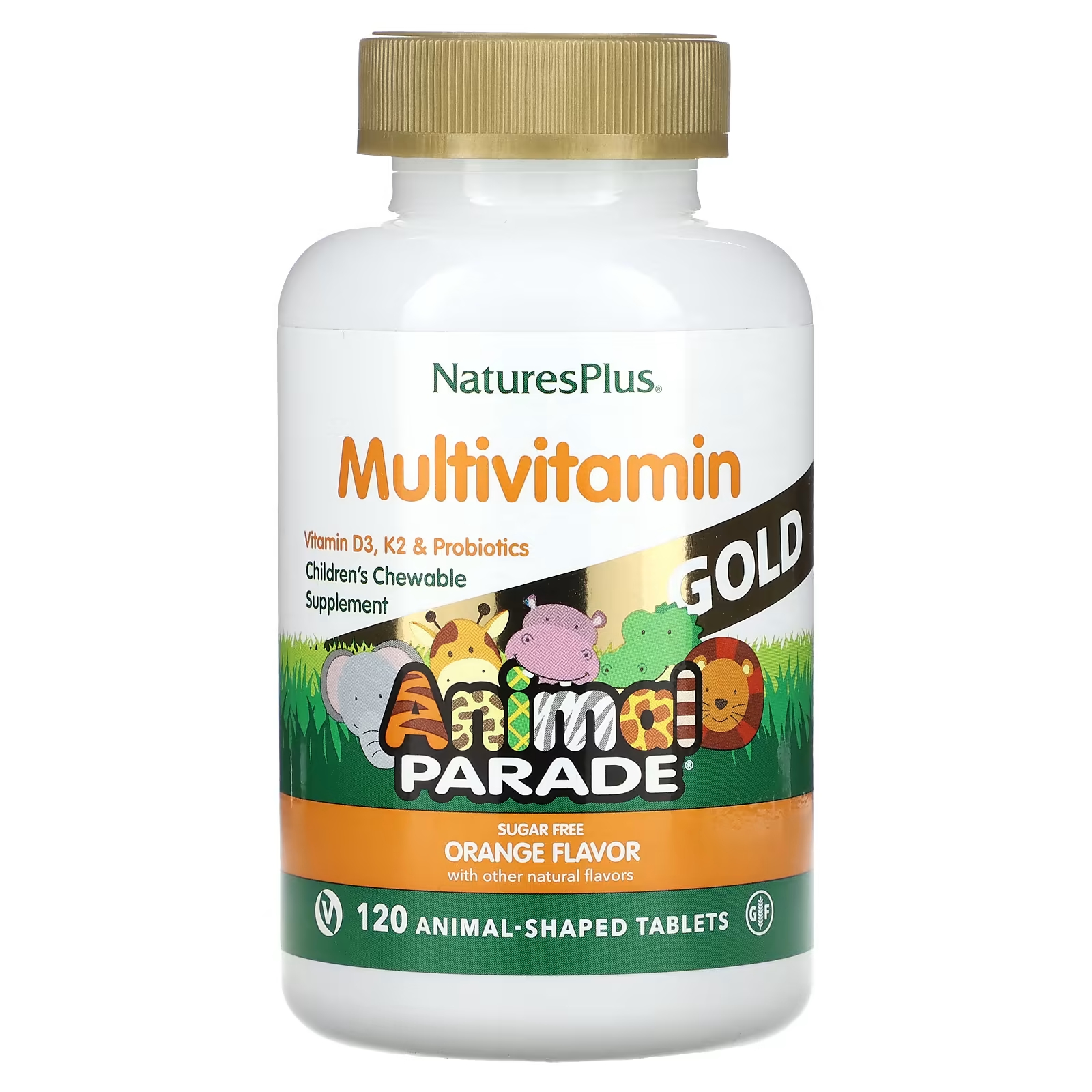 цена Мультивитамины детские NaturesPlus Animal Parade Gold с апельсином, 120 таблеток в форме животных