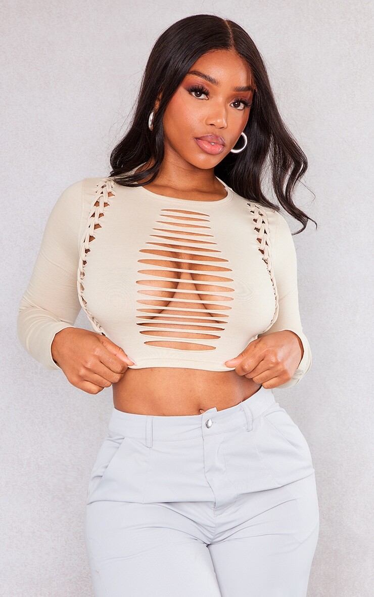 

PrettyLittleThing Укороченный хлопковый топ с длинными рукавами Shape Stone