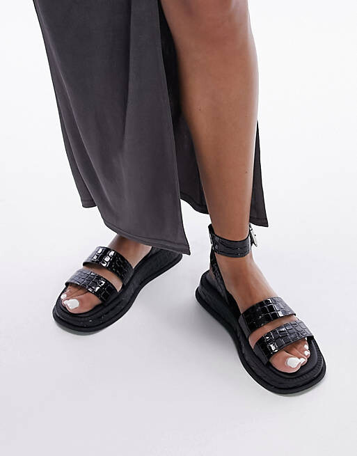 

Черные сандалии на плоской подошве Topshop Wide Fit Grace с пряжкой под кожу крокодила