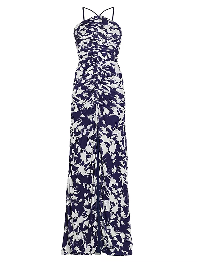 клей e chelle indigo 4 ml Платье макси Giuliana со сборками и цветочным принтом Ml Monique Lhuillier, цвет indigo botanical