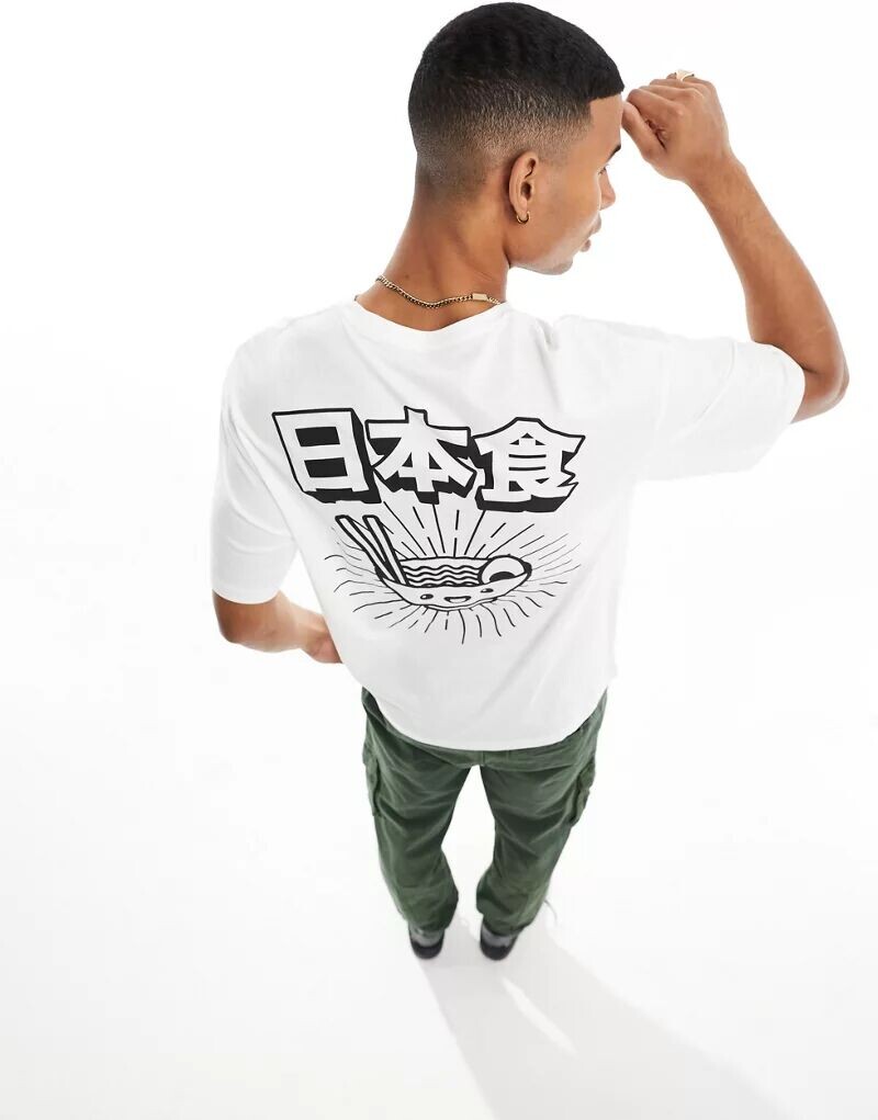 

Белая футболка оверсайз с принтом рамэн на спине Jack & Jones Originals