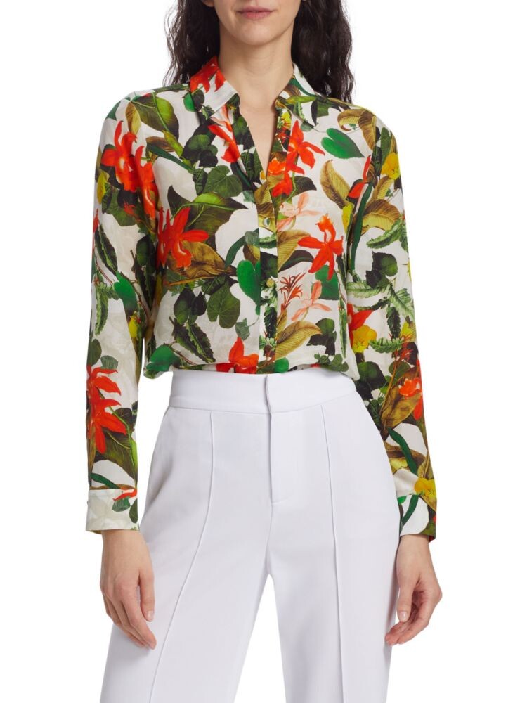 

Шелковая рубашка на пуговицах с цветочным принтом Eloise Alice + Olivia, цвет Tropical White Multi