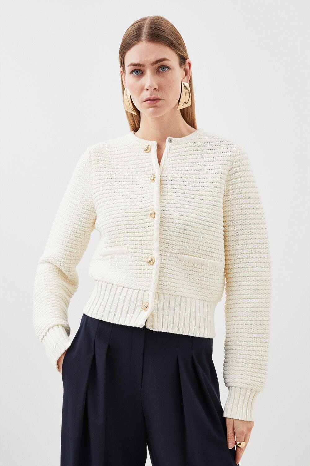 

Кардиган крупной вязки из трубчатого хлопка Karen Millen, белый