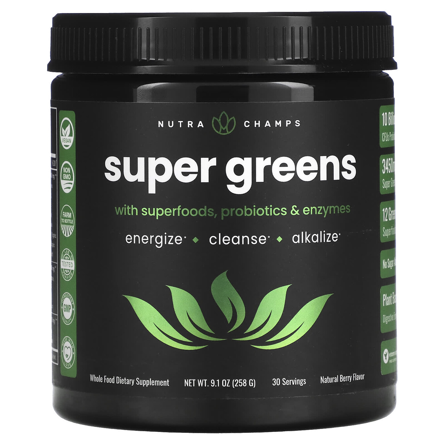 

Super Greens, натуральные ягоды, 258 г (9,1 унции), NutraChamps
