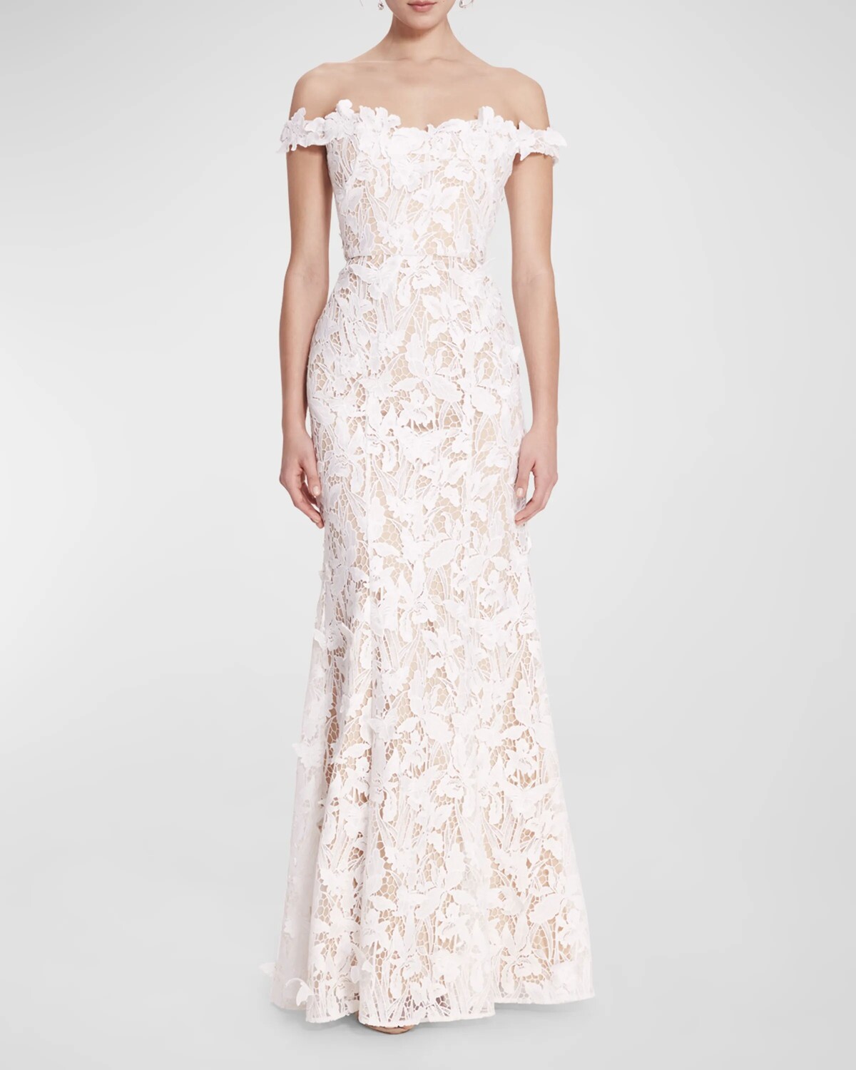 

Платье-раструб с открытыми плечами и кружевом Marchesa Notte, цвет Ivory