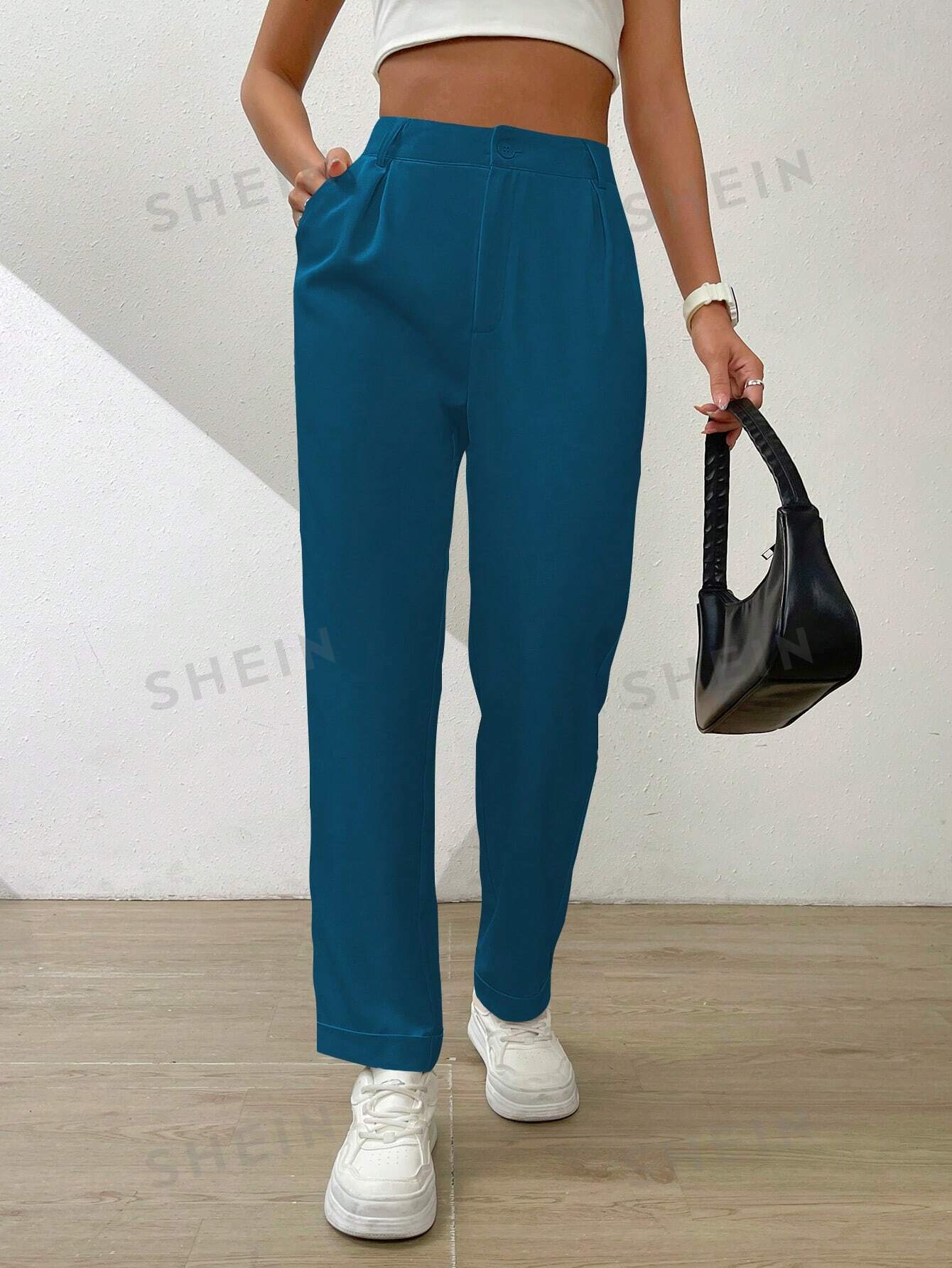 SHEIN Essnce Однотонные широкие брюки со складками и наклонными карманами, королевский синий