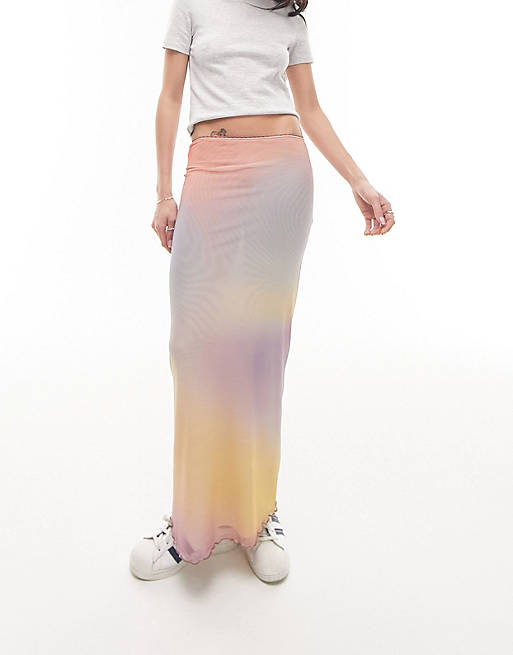 цена Разноцветная сетчатая юбка миди с пастельным размытым принтом и отделкой пико Topshop