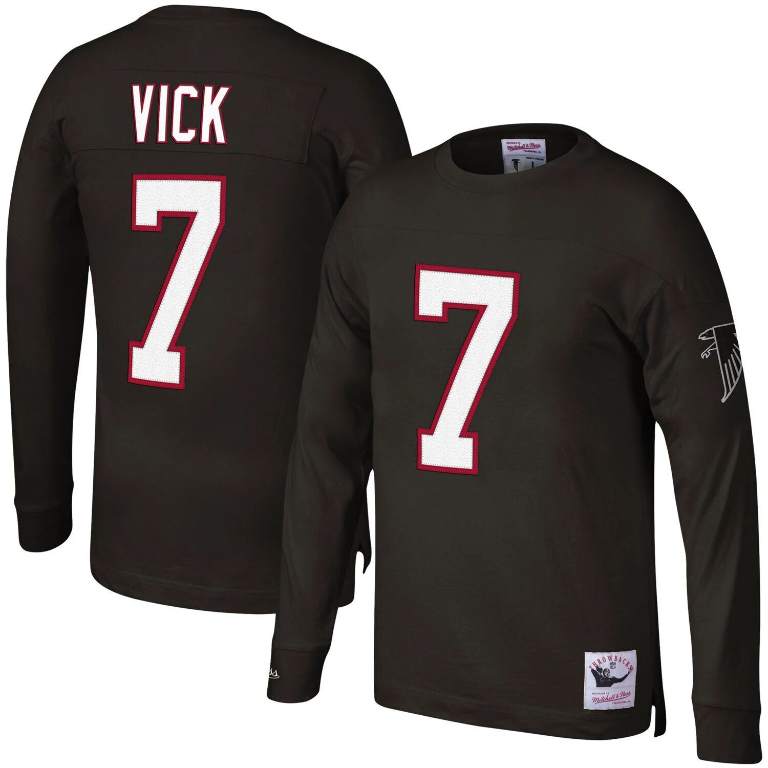 

Мужская футболка Mitchell & Ness Michael Vick Black Atlanta Falcons Throwback с именем и номером игрока в отставке с длинными рукавами
