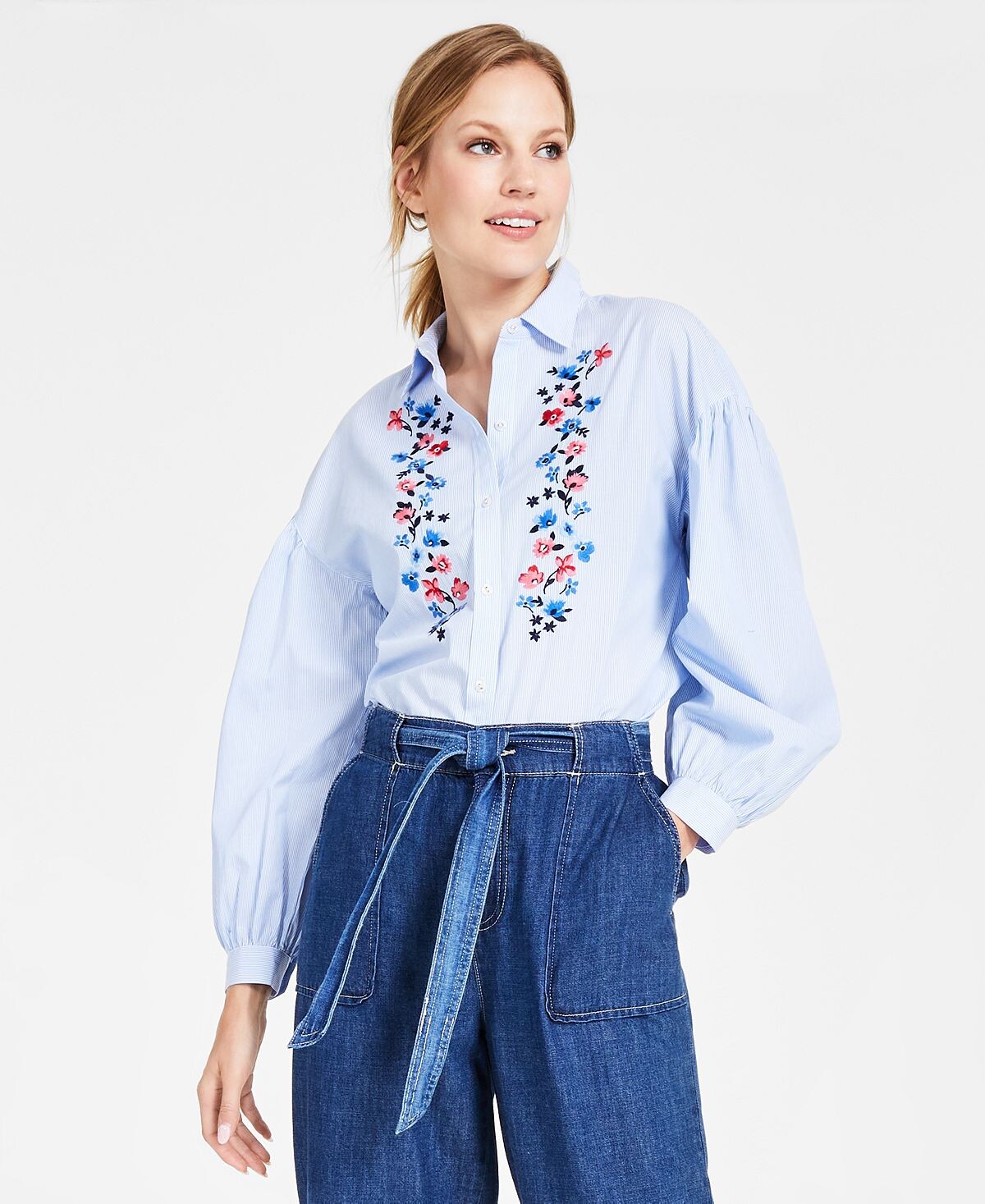 

Женская хлопковая блузка с заниженными плечами и вышивкой Tommy Hilfiger