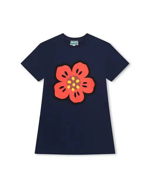 

Платье для девочки с короткими рукавами и рисунком спереди Kenzo Kids, темно-синий