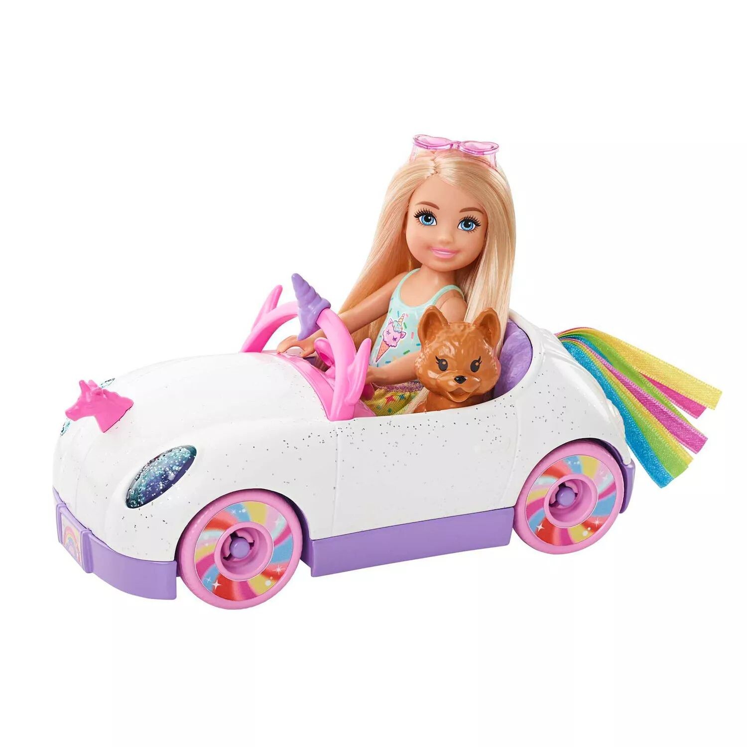 

6-дюймовая кукла-блондинка Barbie Club Chelsea с автомобилем-единорогом и листом наклеек с открытым верхом Barbie