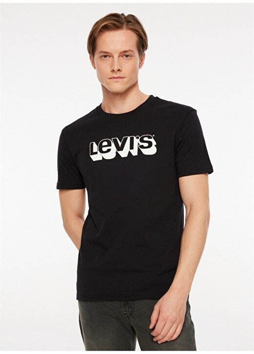 

Черная мужская футболка с круглым вырезом с принтом Levis, Черный