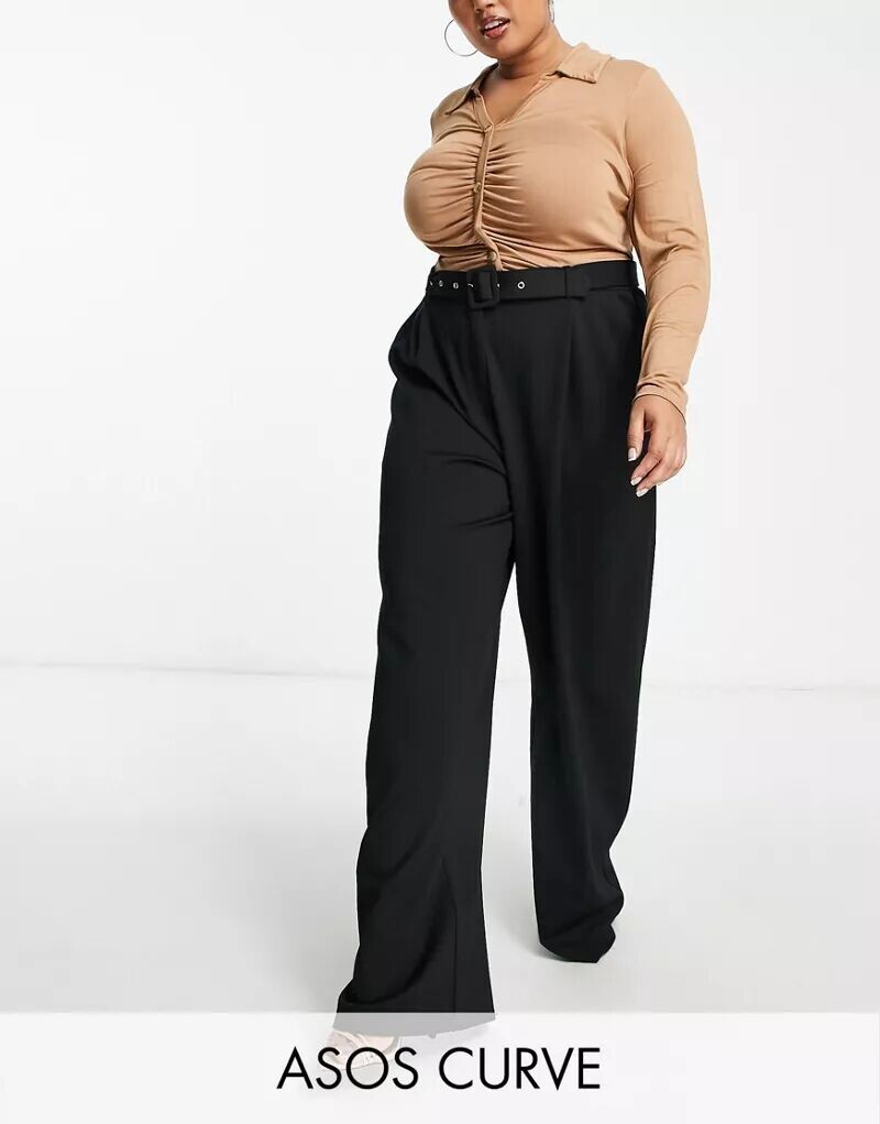 

Черные широкие брюки с тупым вязаным поясом ASOS DESIGN Curve