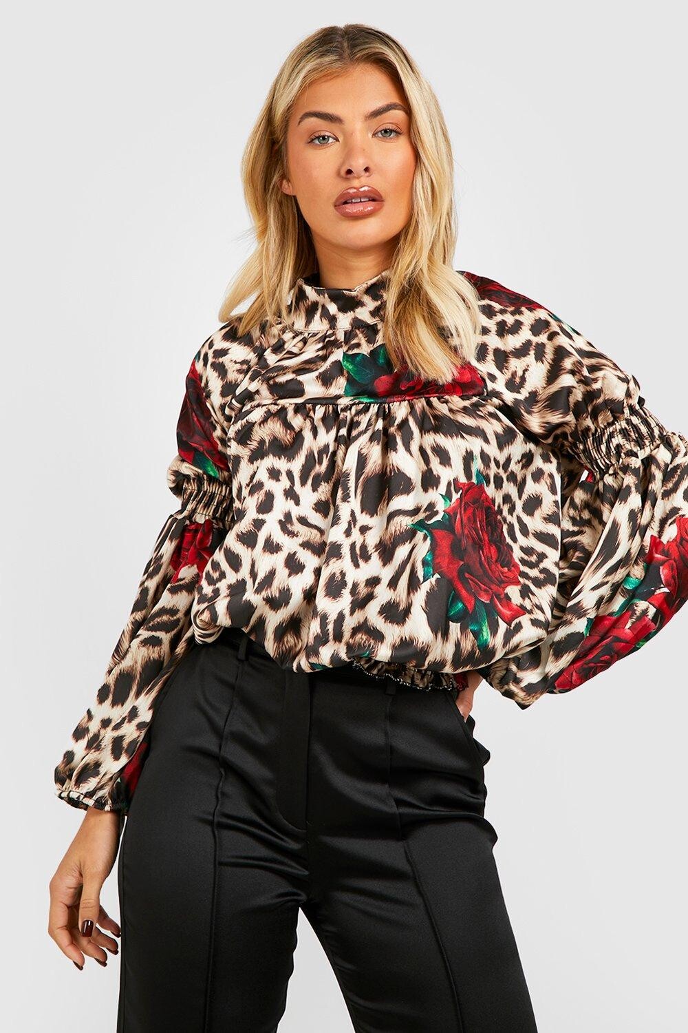 

Атласная блузка с леопардовым принтом роз Boohoo, коричневый