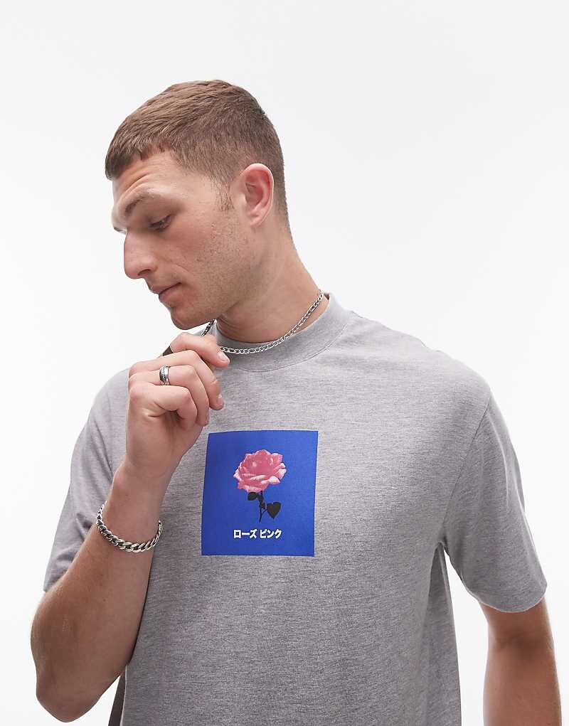 

Topman – серая меланжевая футболка оверсайз с японским цветочным принтом