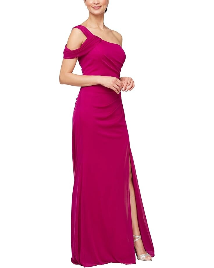 Платье Alex Evenings Long Mesh with One Cold Shoulder Sleeve, цвет Magenta