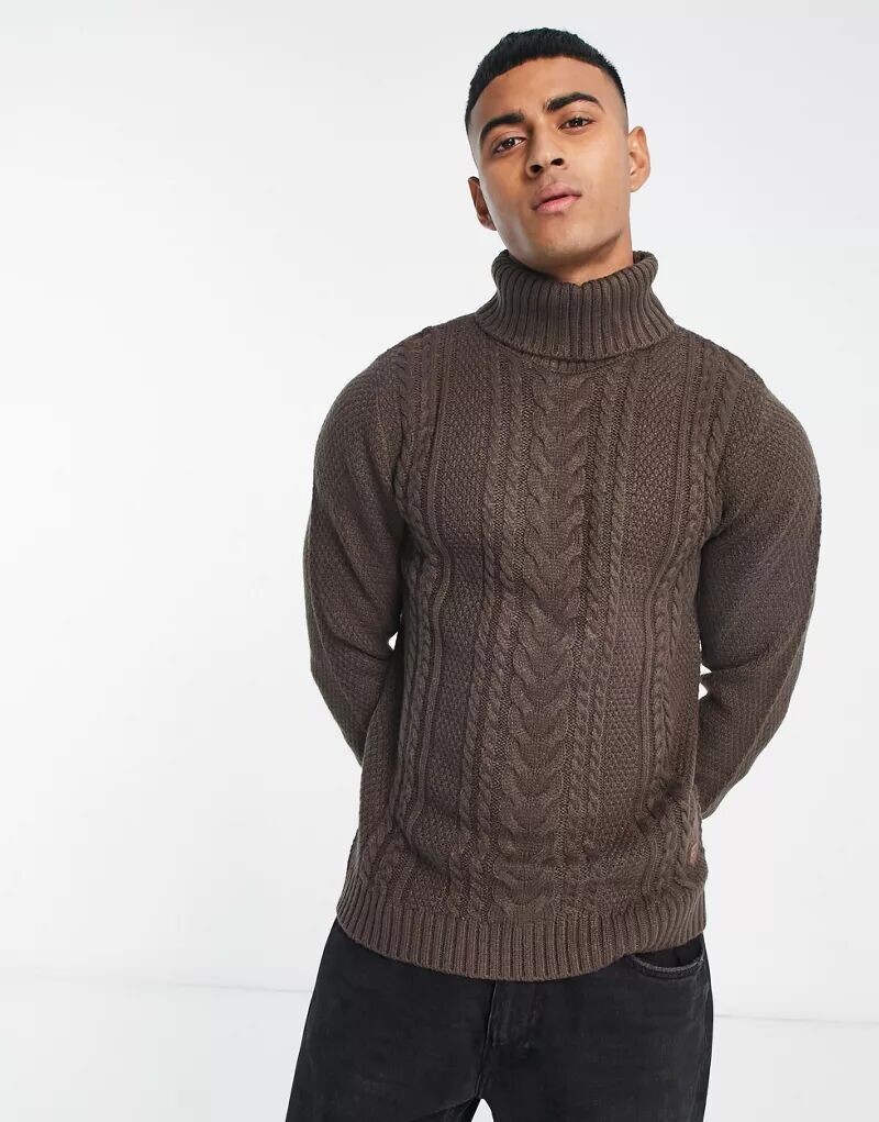 

Темно-коричневый джемпер вязанной вязки с высоким воротником Jack & Jones