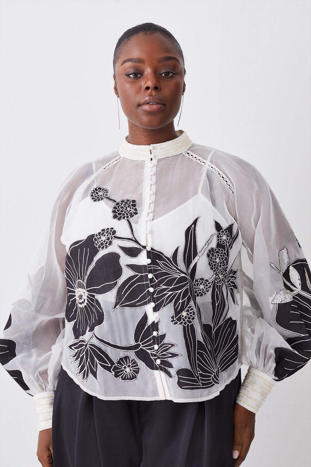цена Тканая блузка на пуговицах Plus с аппликацией из органди Karen Millen, мультиколор