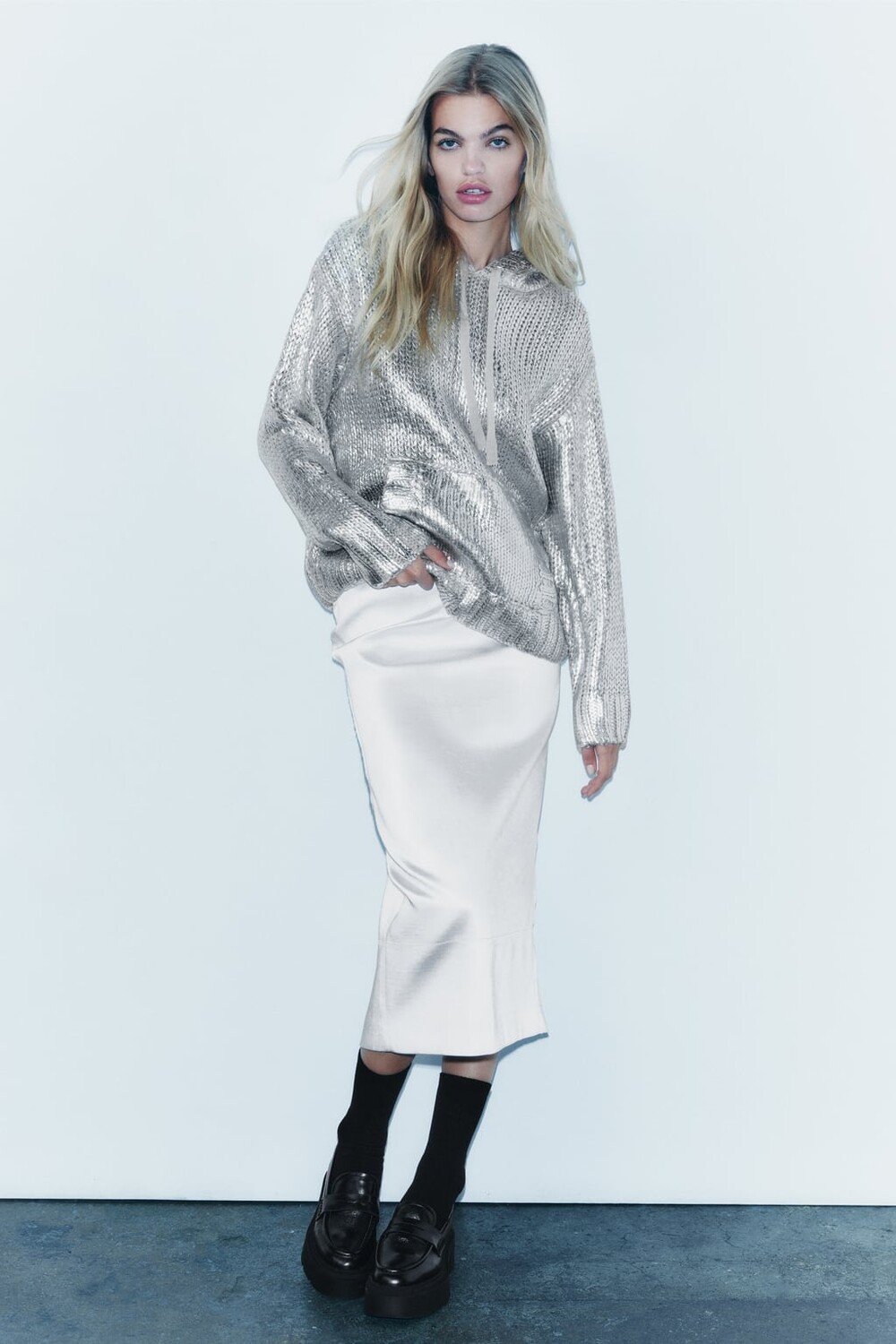 

Толстовка с капюшоном из фольги ZARA, серебряный, Серый