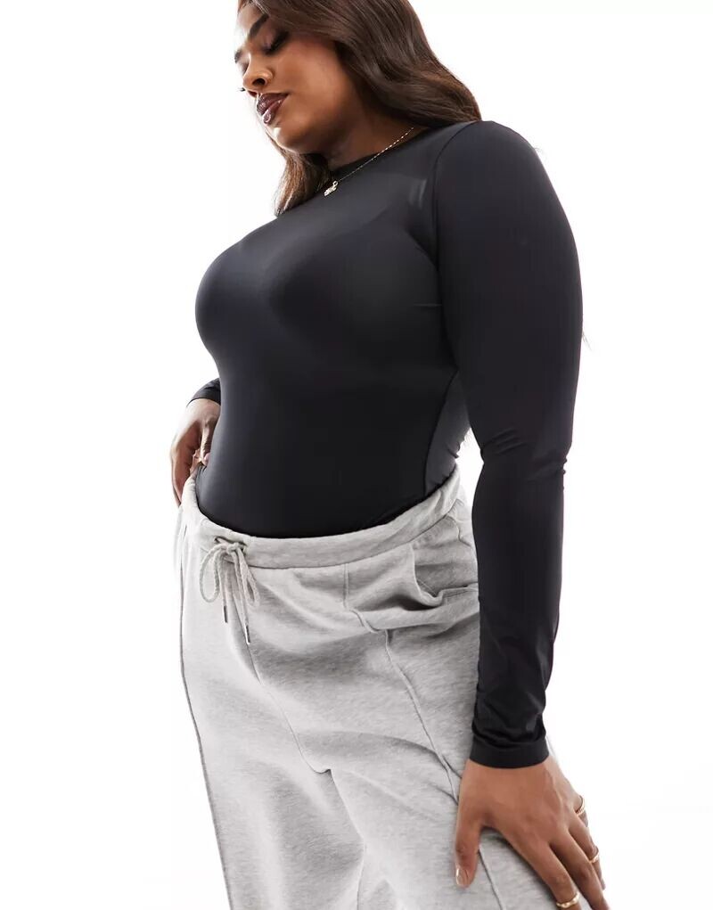Черное гладкое боди с длинными рукавами ASOS Curve All Day