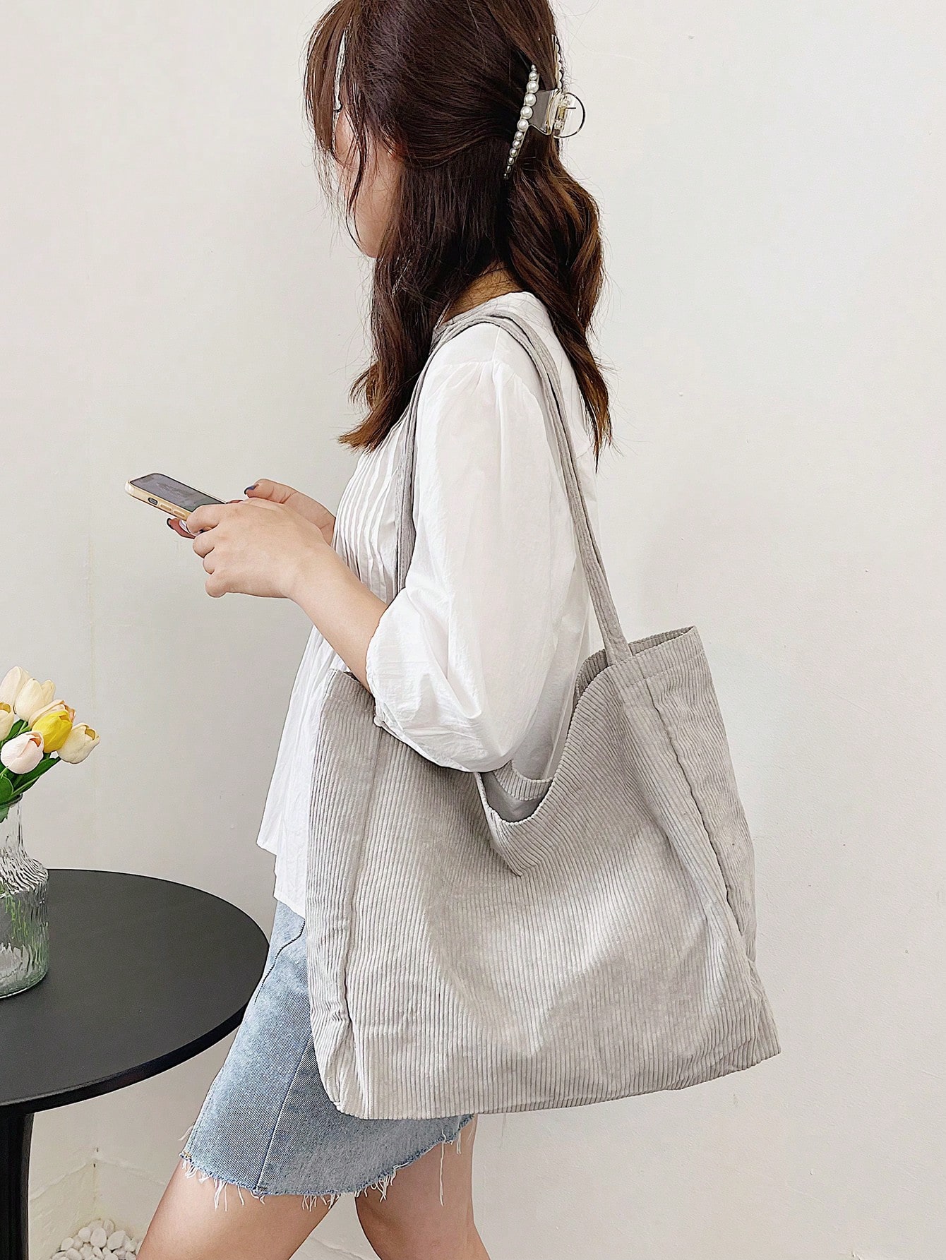 Минималистичная вельветовая сумка-шоппер, светло-серый