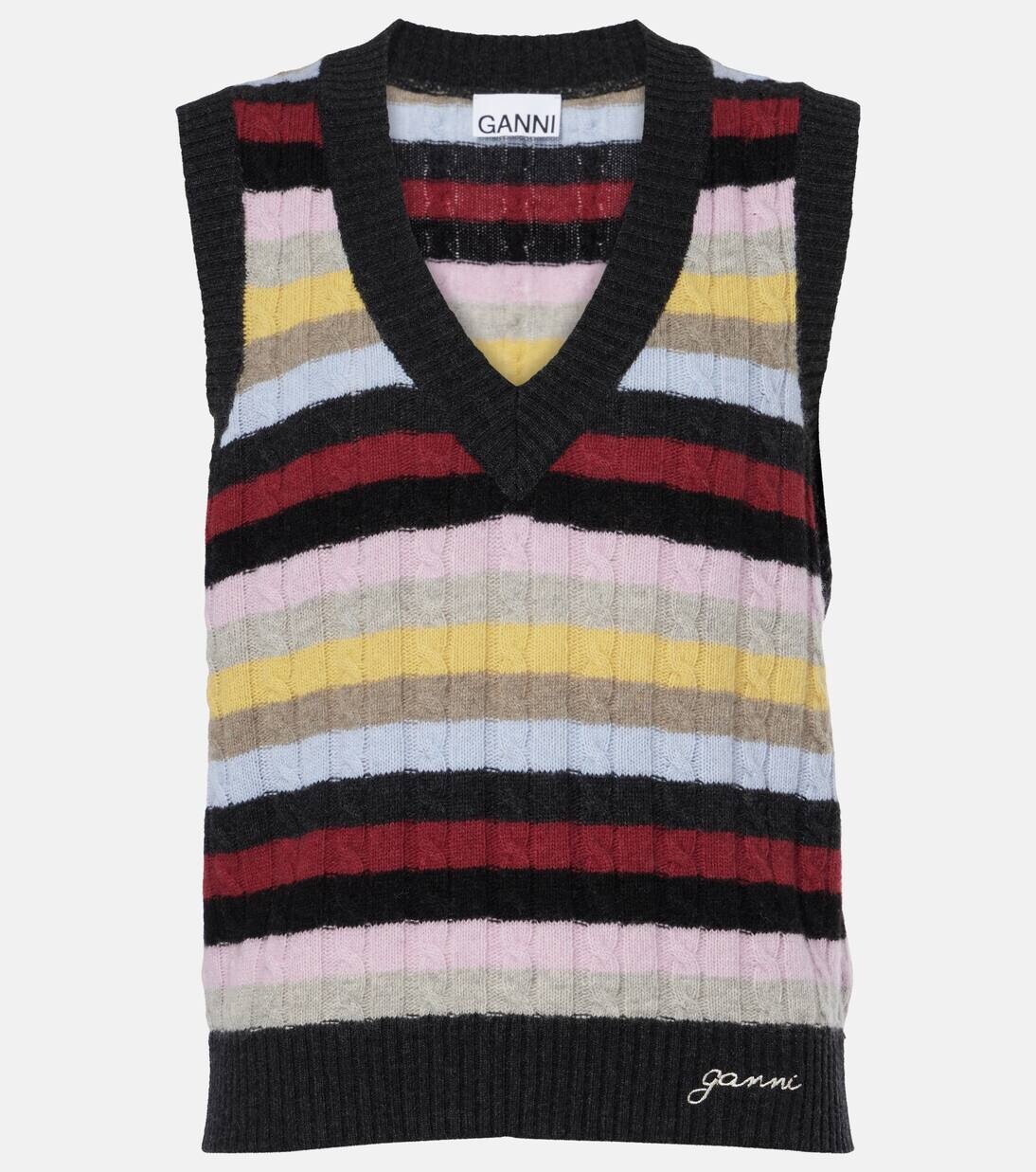 

Полосатый жилет из шерстяной смеси, вязанный косами Ganni, цвет multicolour