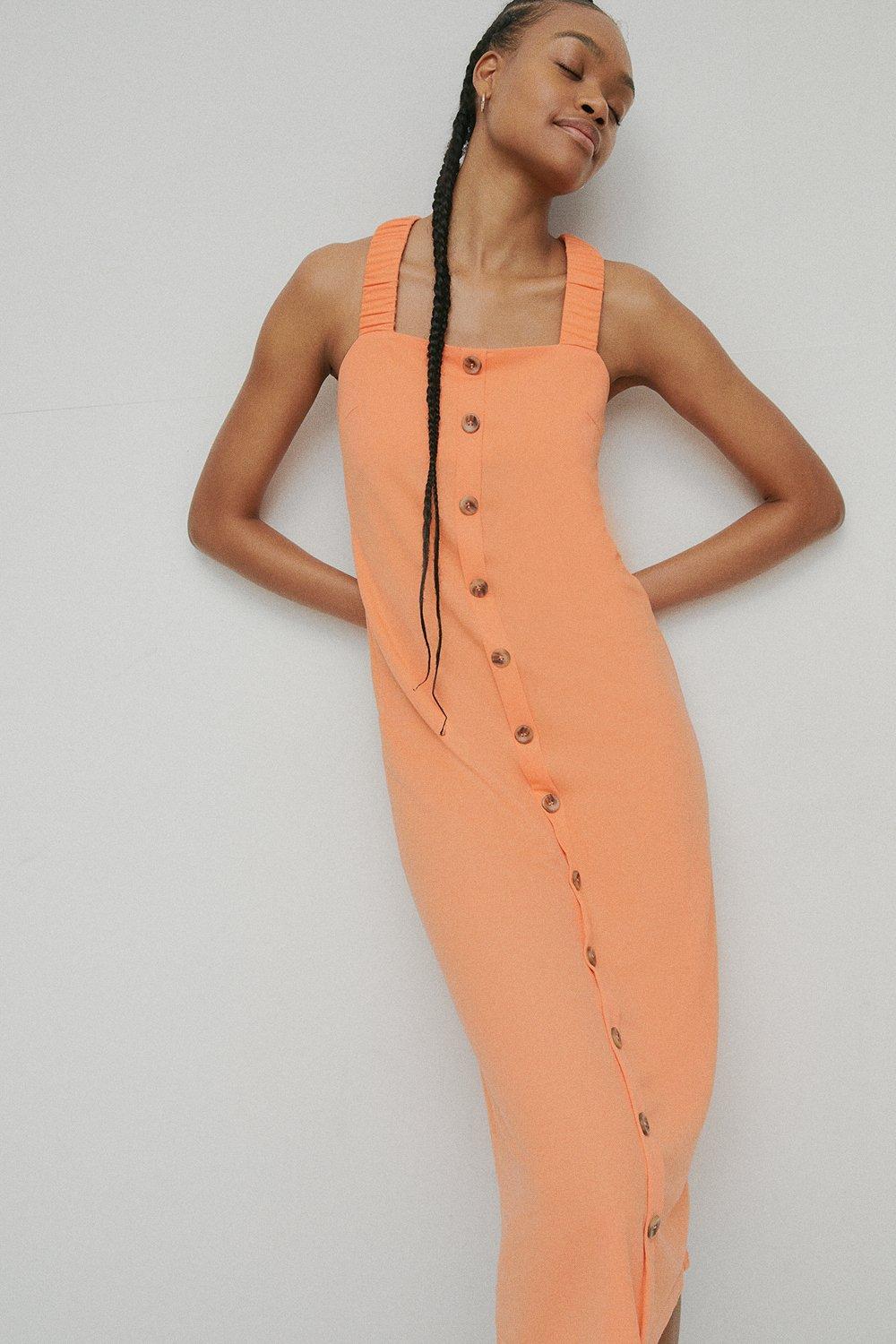 Платье миди из пике со сборками на бретелях Warehouse, оранжевый