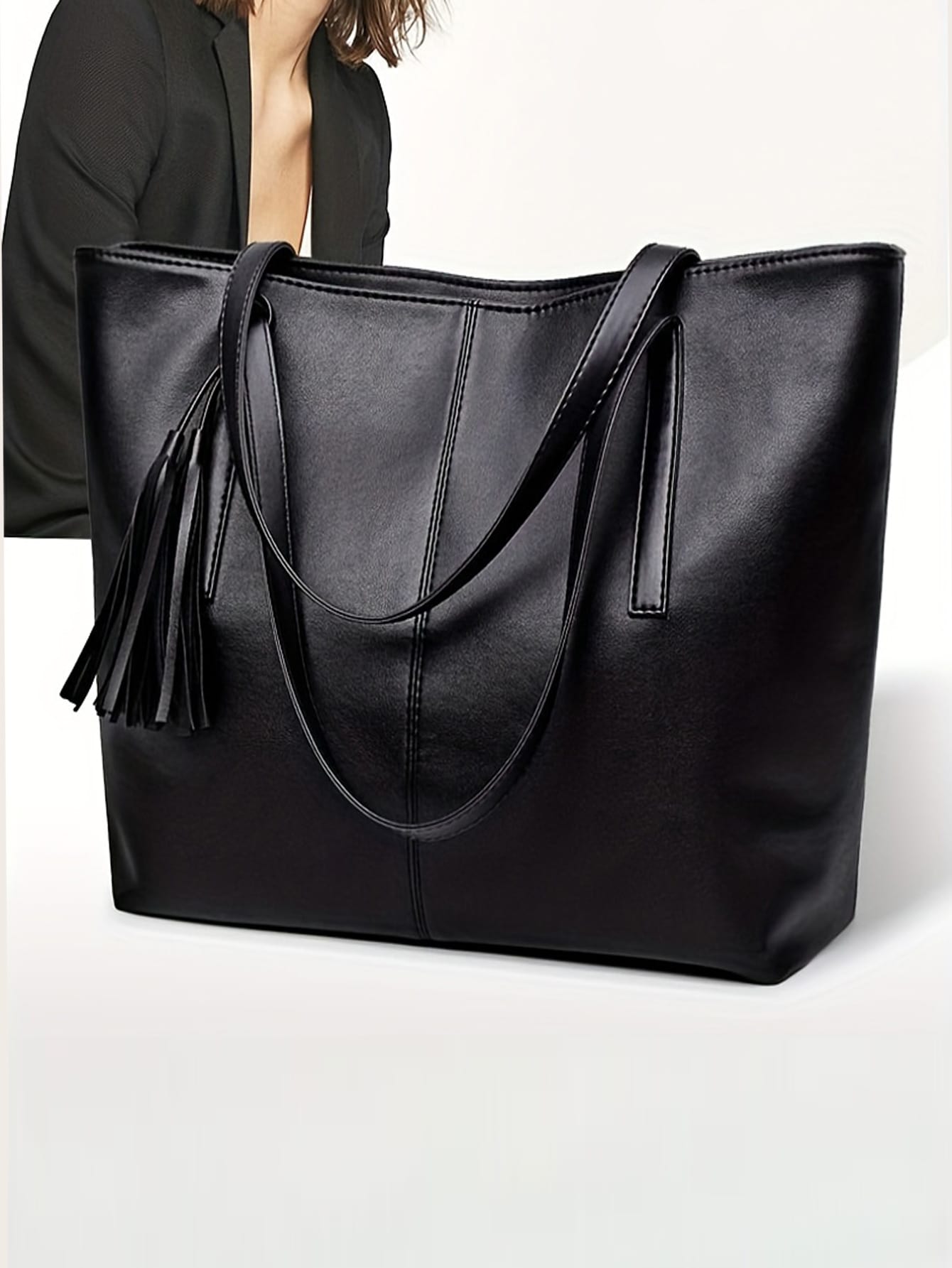 Женская сумка через плечо из твердой искусственной кожи с украшением кисточкой, черный роскошная брендовая большая плетеная сумка тоут новинка 2022 высококачественная женская дизайнерская сумка из искусственной кожи вместит