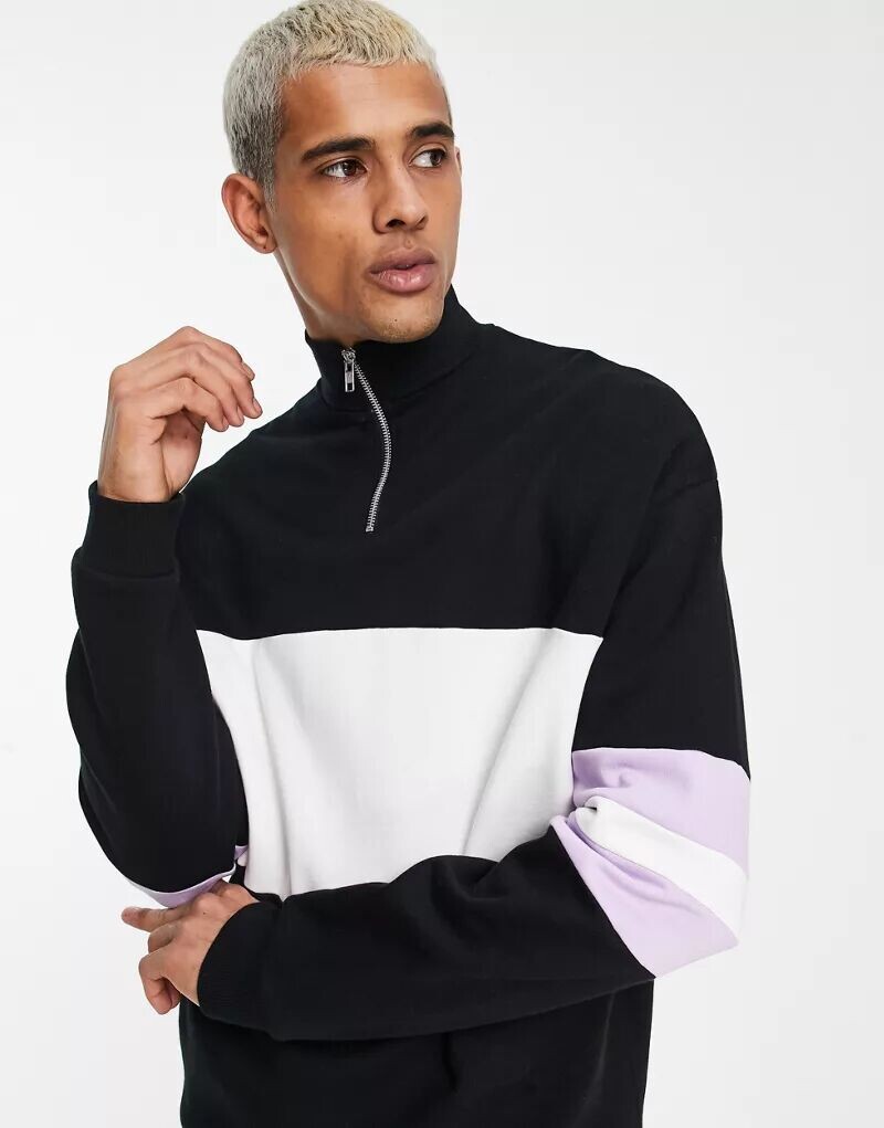 

Черно-белая оверсайз-толстовка на молнии с половиной молнии ASOS с дизайном колор-блок