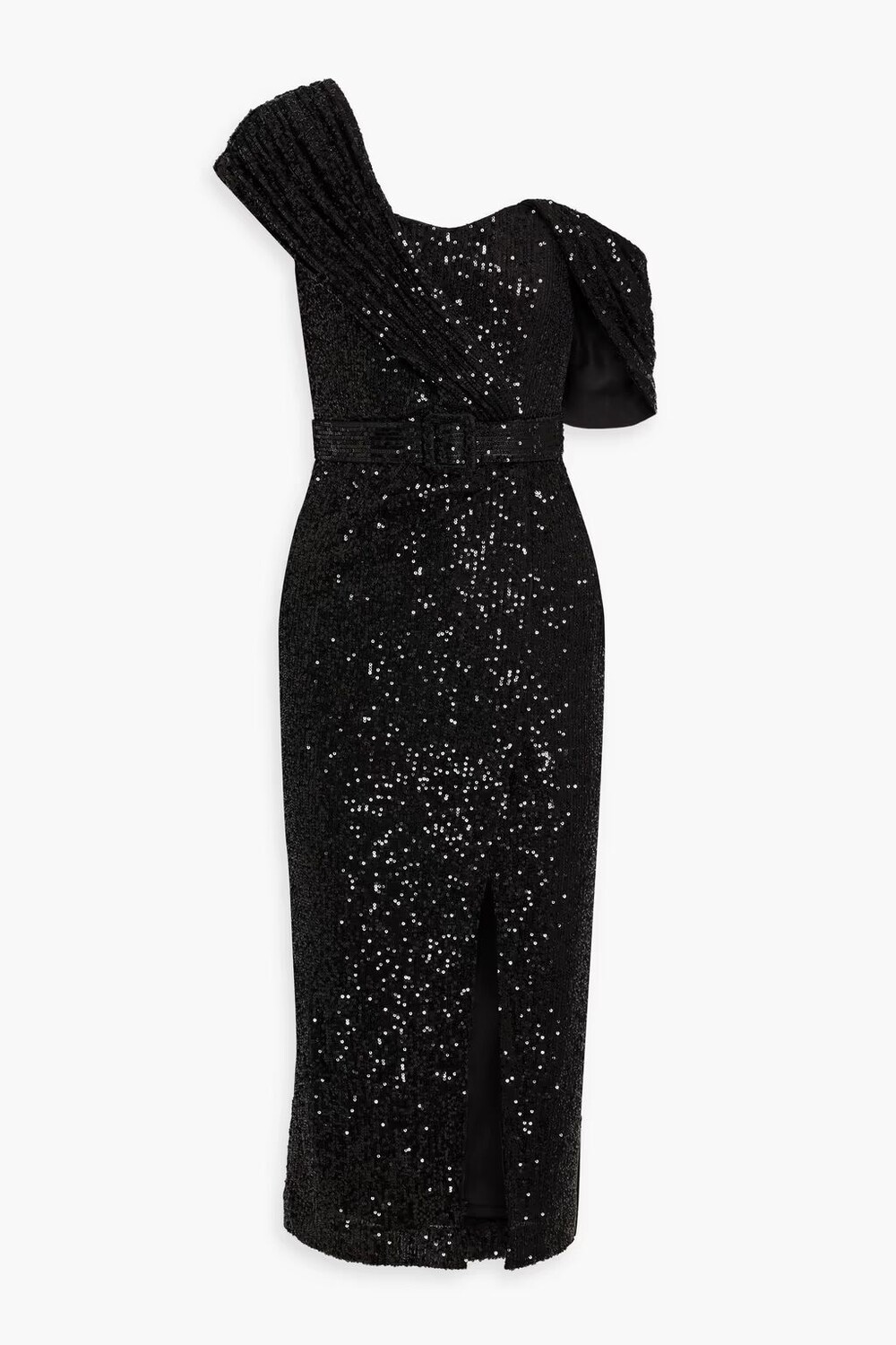 

Платье миди из тюля с пайетками и драпировкой на одно плечо Badgley Mischka, черный