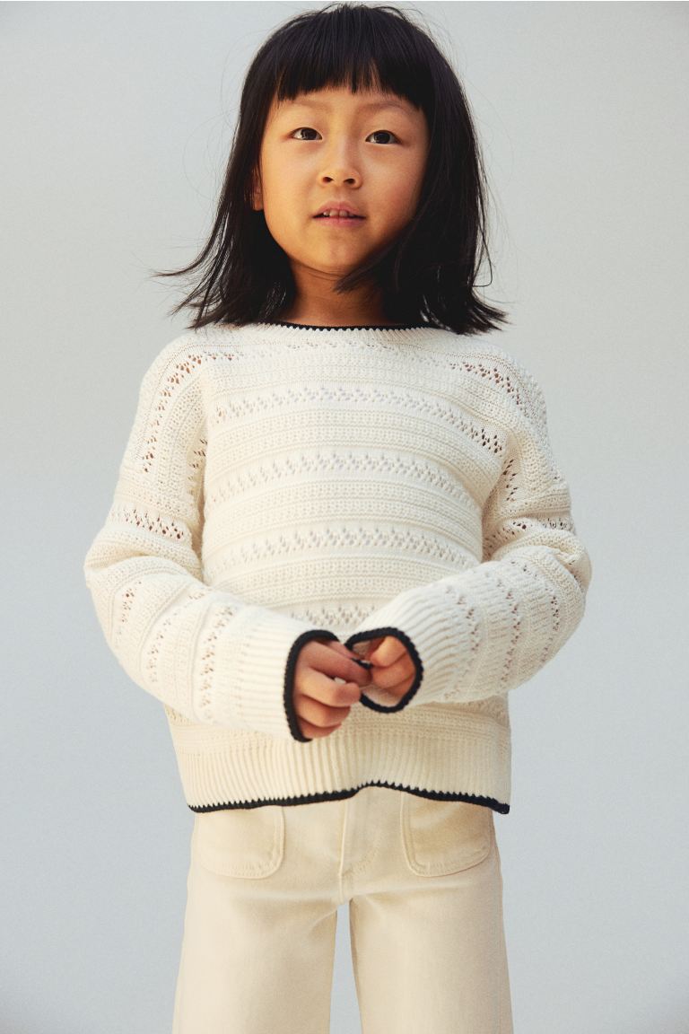 Хлопковый свитер ажурной вязки H&M, белый мужской свитер с круглым вырезом длинным рукавом флисовой подкладкой и манжетами в рубчик зимний плотный теплый свитер с узором в клетку
