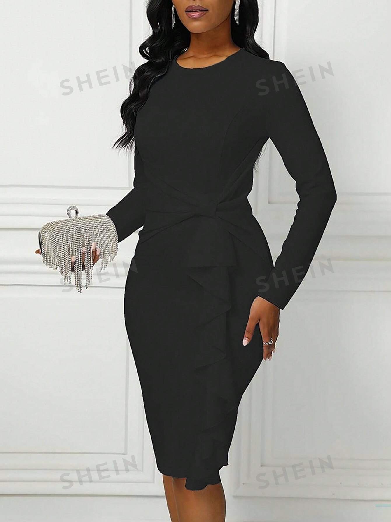 SHEIN Slayr однотонное платье с круглым вырезом, черный shein mod женское однотонное боди с длинными рукавами хаки