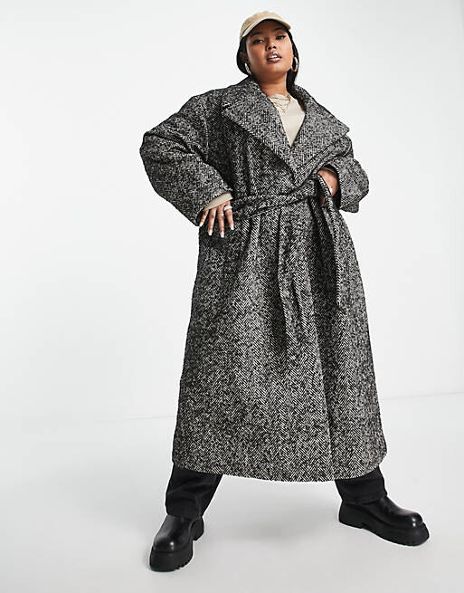 

Элегантное черно-белое пальто с поясом в елочку ASOS DESIGN Curve, Черный