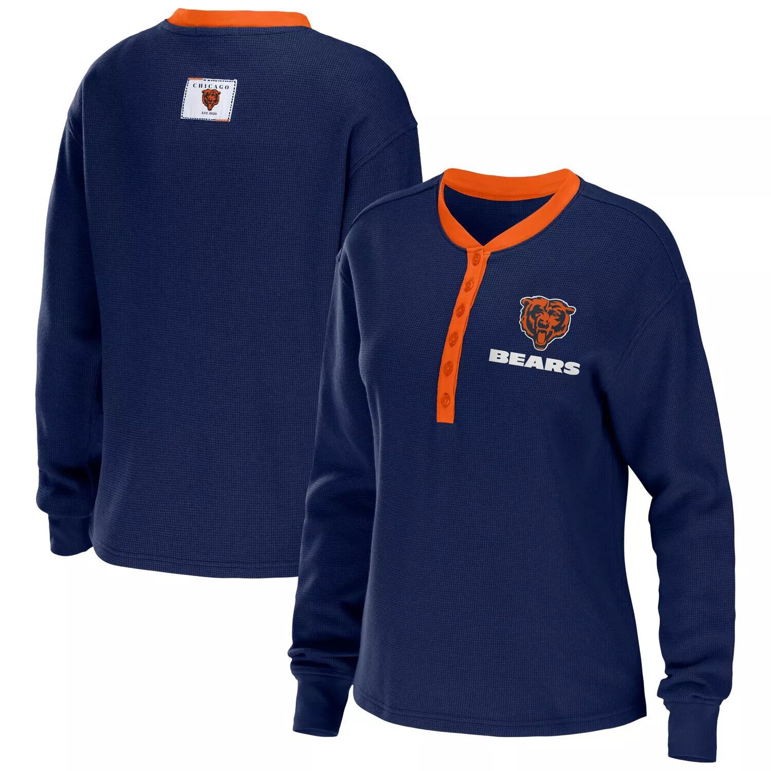 

Женская футболка WEAR by Erin Andrews Темно-синяя футболка с длинными рукавами Chicago Bears Waffle Henley