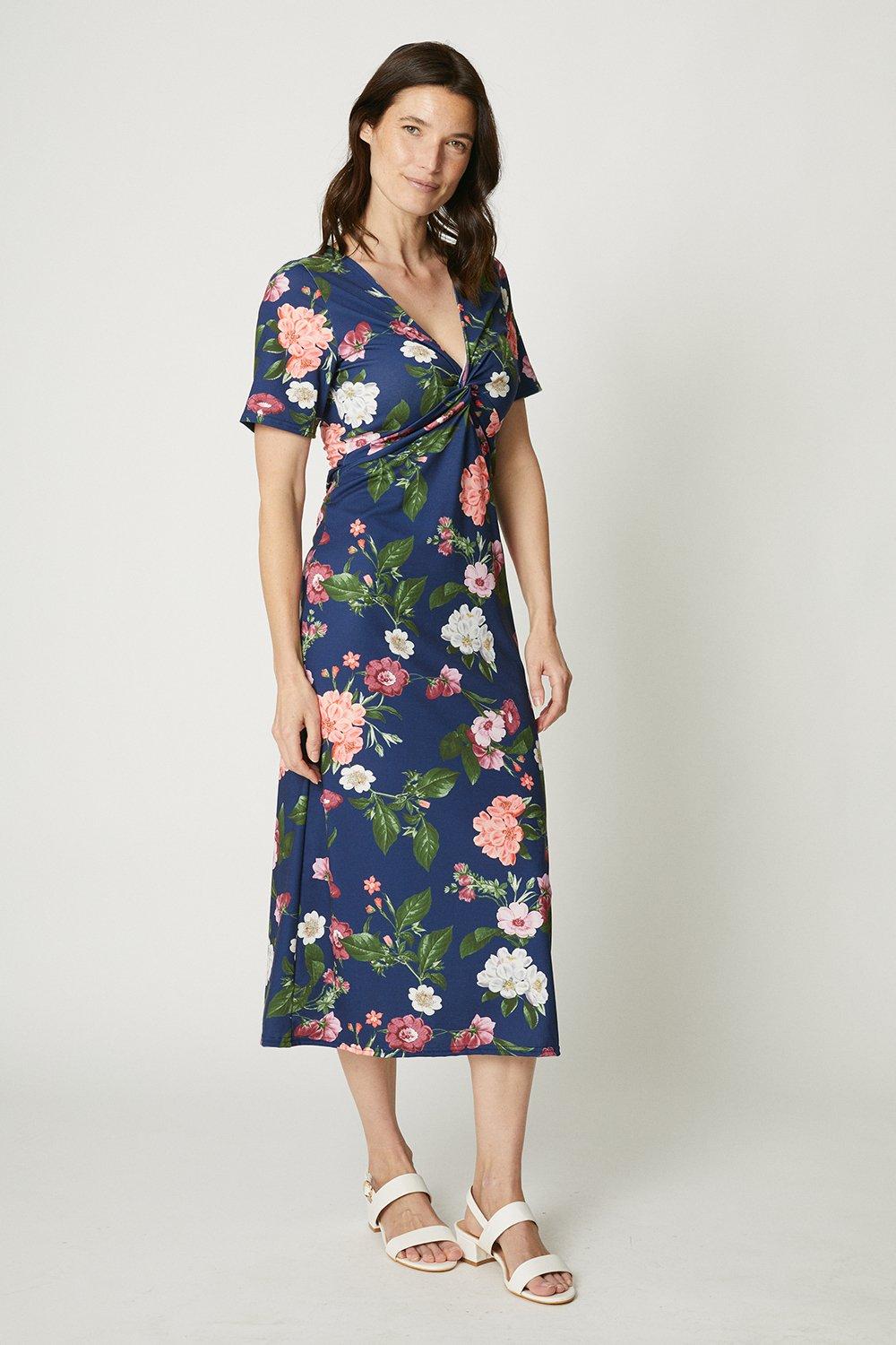 Темно-синее платье миди с короткими рукавами и цветочным принтом Debenhams, мультиколор цена и фото