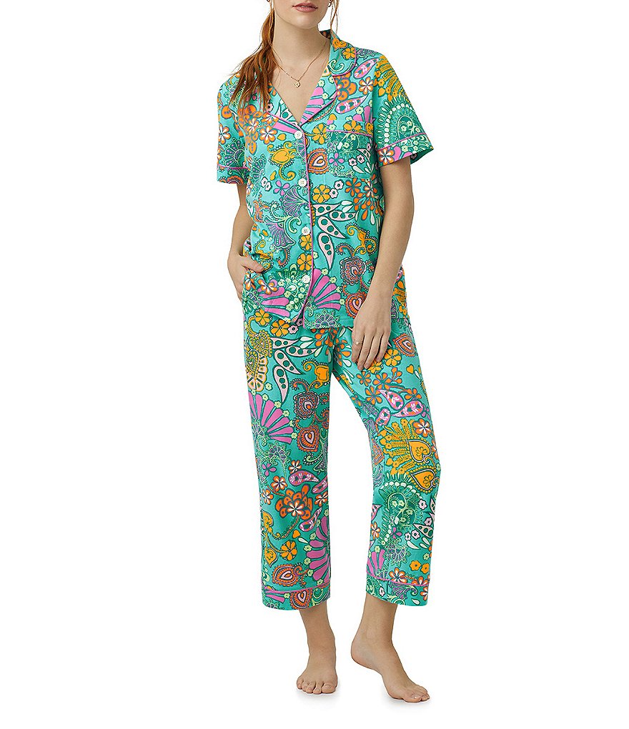 Пижамы BedHead с принтом, короткий рукав, нагрудный карман, воротник с вырезом, укороченные длинные брюки, пижамный комплект BedHead Pajamas, мультиколор