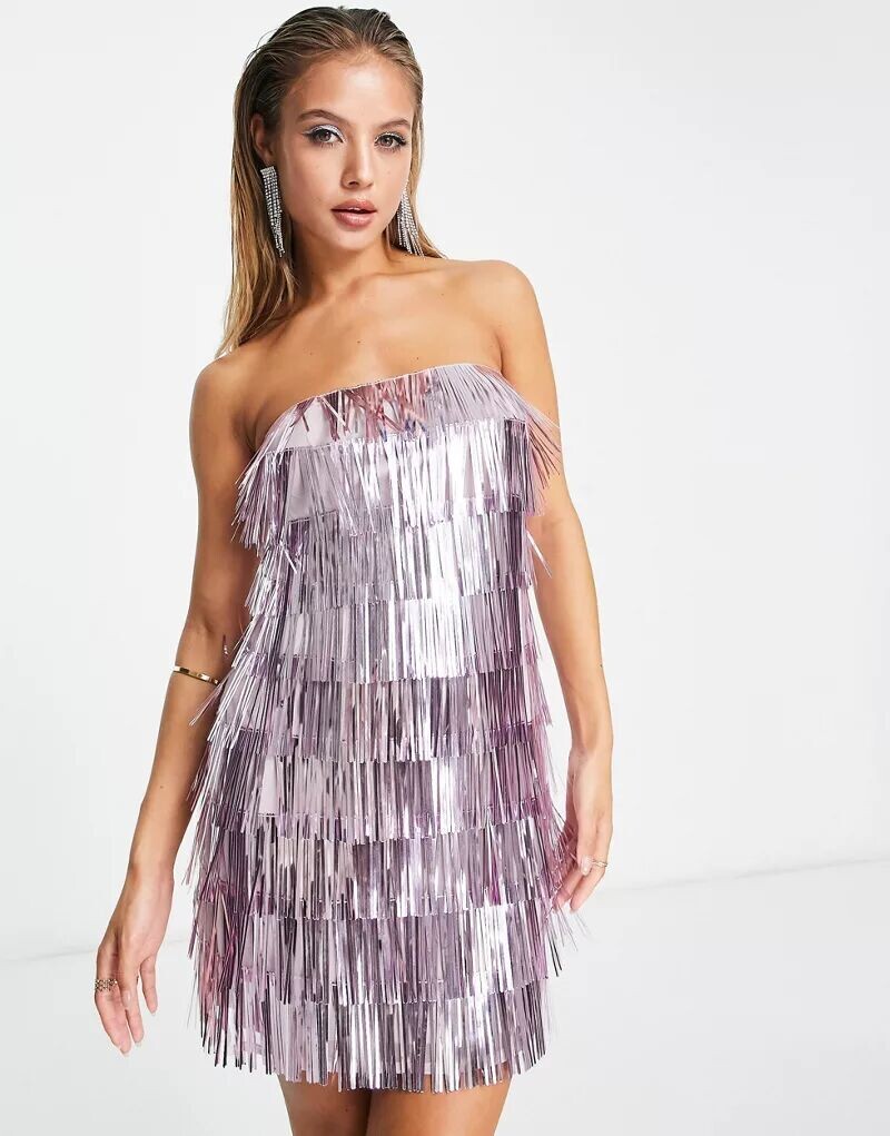 

Пурпурное платье мини с бахромой и пайетками River Island