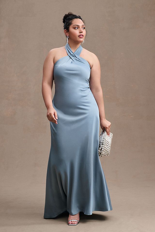 Платье Bhldn рубиновое атласное с лямкой на бретельках, пыльный синий