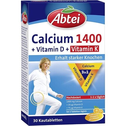 

Abtei Calcium 1400 + D + K, высокая доза с витамином D и витамином К для здоровья костей и мышц, со вкусом апельсина, 30 жевательных таблеток