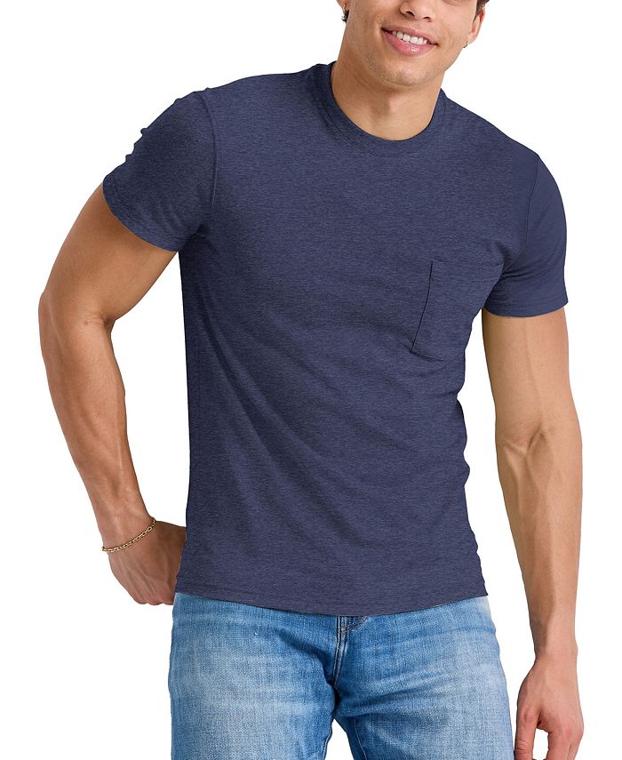 Мужская оригинальная хлопковая футболка с короткими рукавами и карманами Hanes, синий