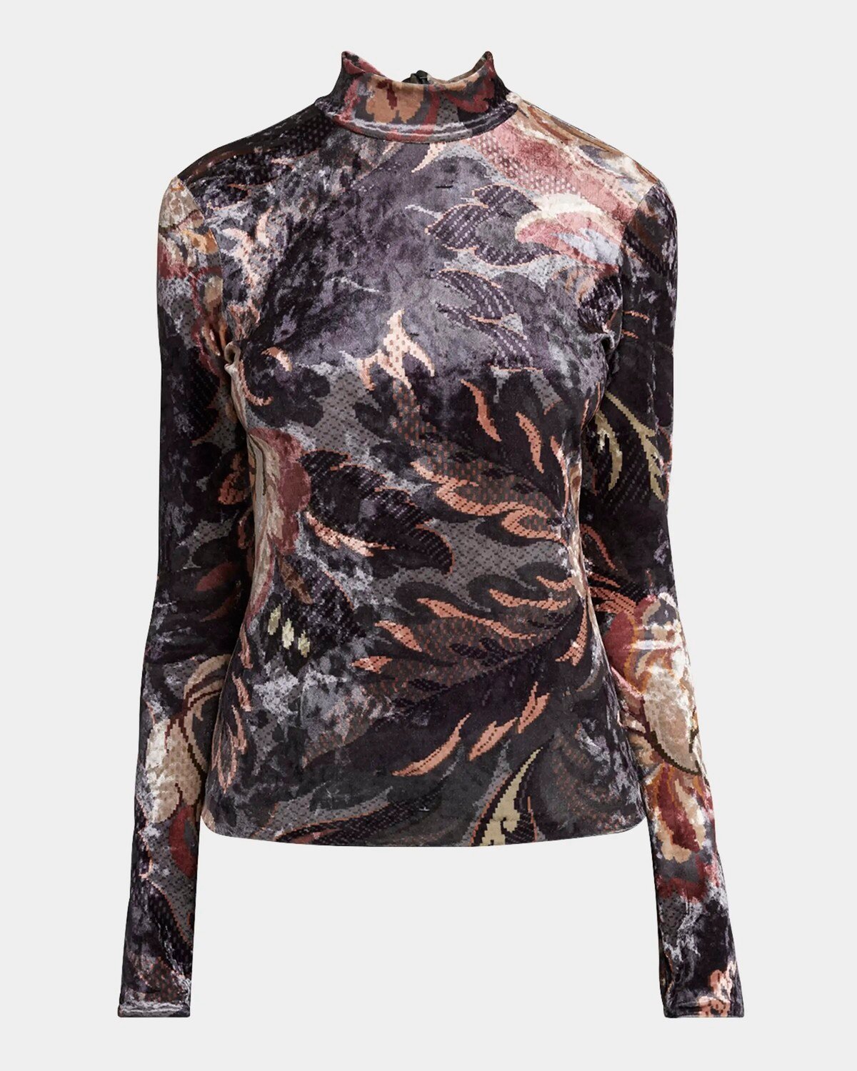 

Бархатный топ-панне с воротником-стойкой и длинными рукавами Etro, цвет Print On Grey Base 2