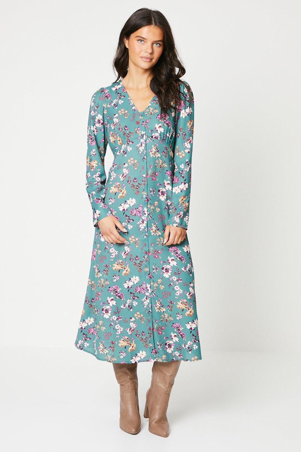 

Платье миди на пуговицах с цветочным принтом Sage Dorothy Perkins, зеленый