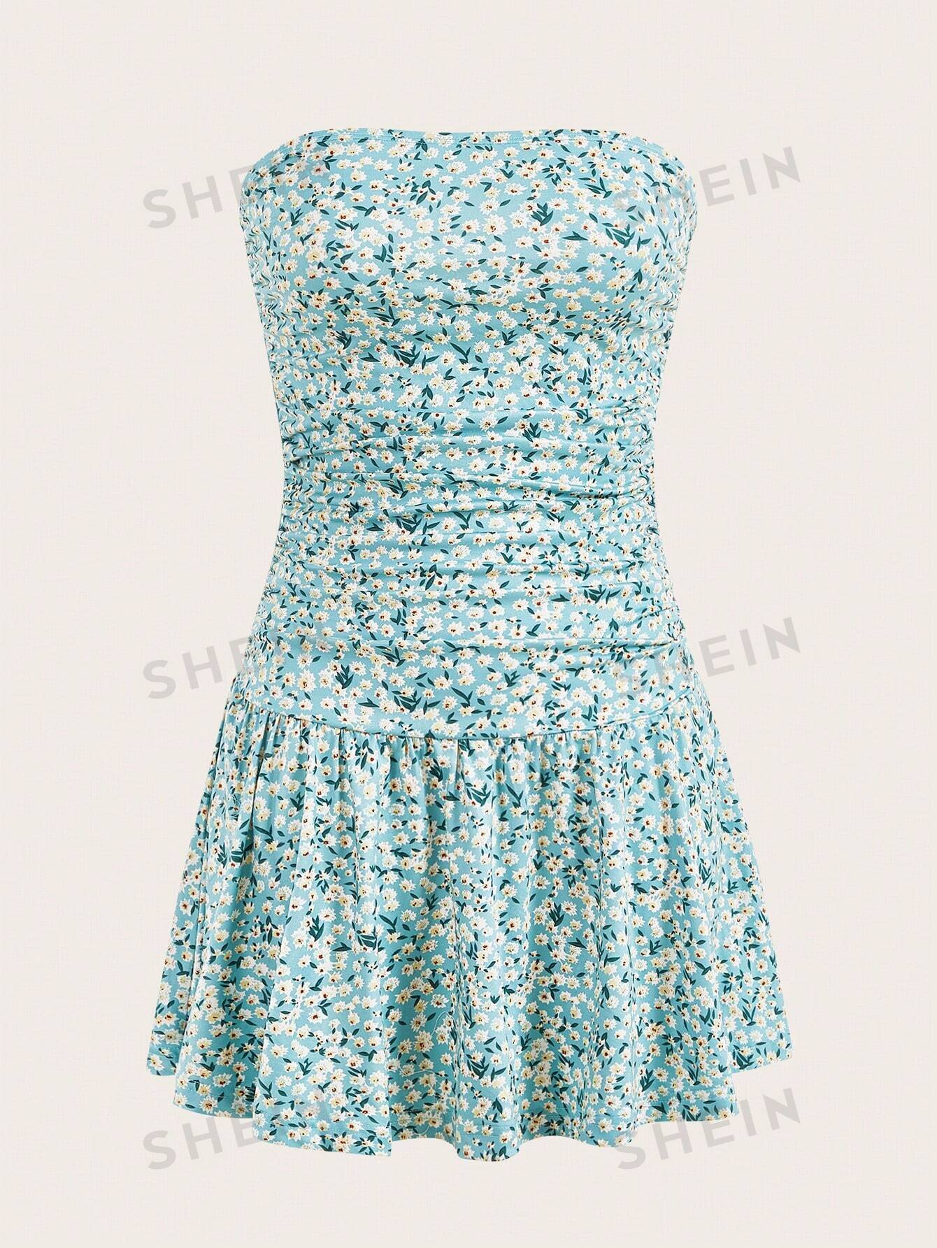 SHEIN EZwear Плиссированное платье без бретелек с цветочным принтом, многоцветный